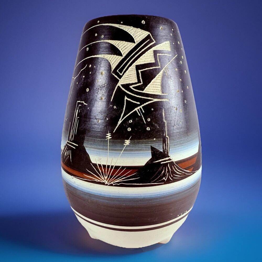 Navajo Pottery Vase Signed Keda Sgraffito Etched Southwest Native American Art